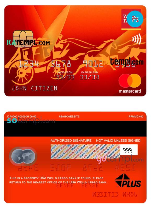 USA Wells Fargo bank mastercard, fully editable template in PSD format